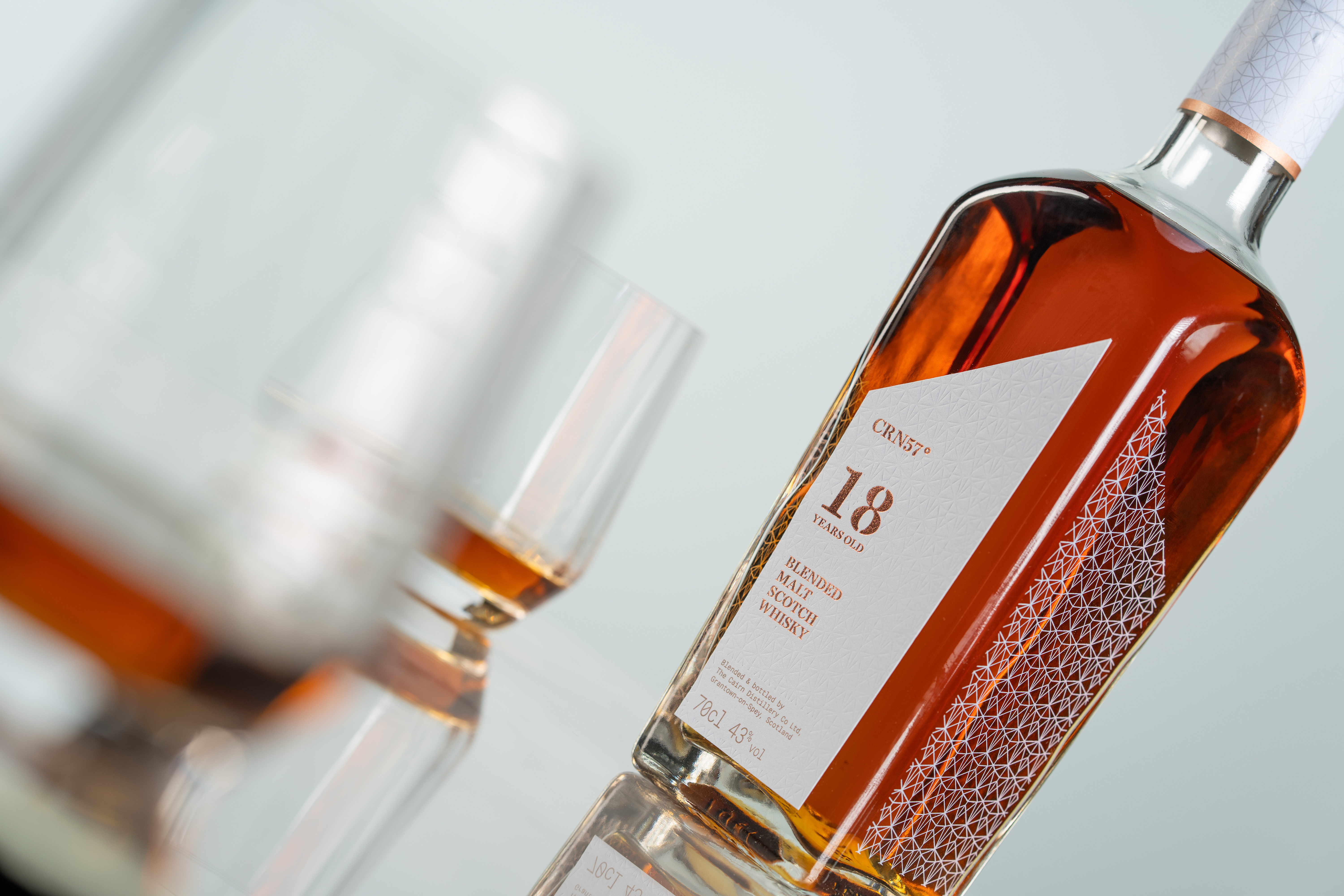 CRN57 18 year old blended malt scotch whisky and two glasses