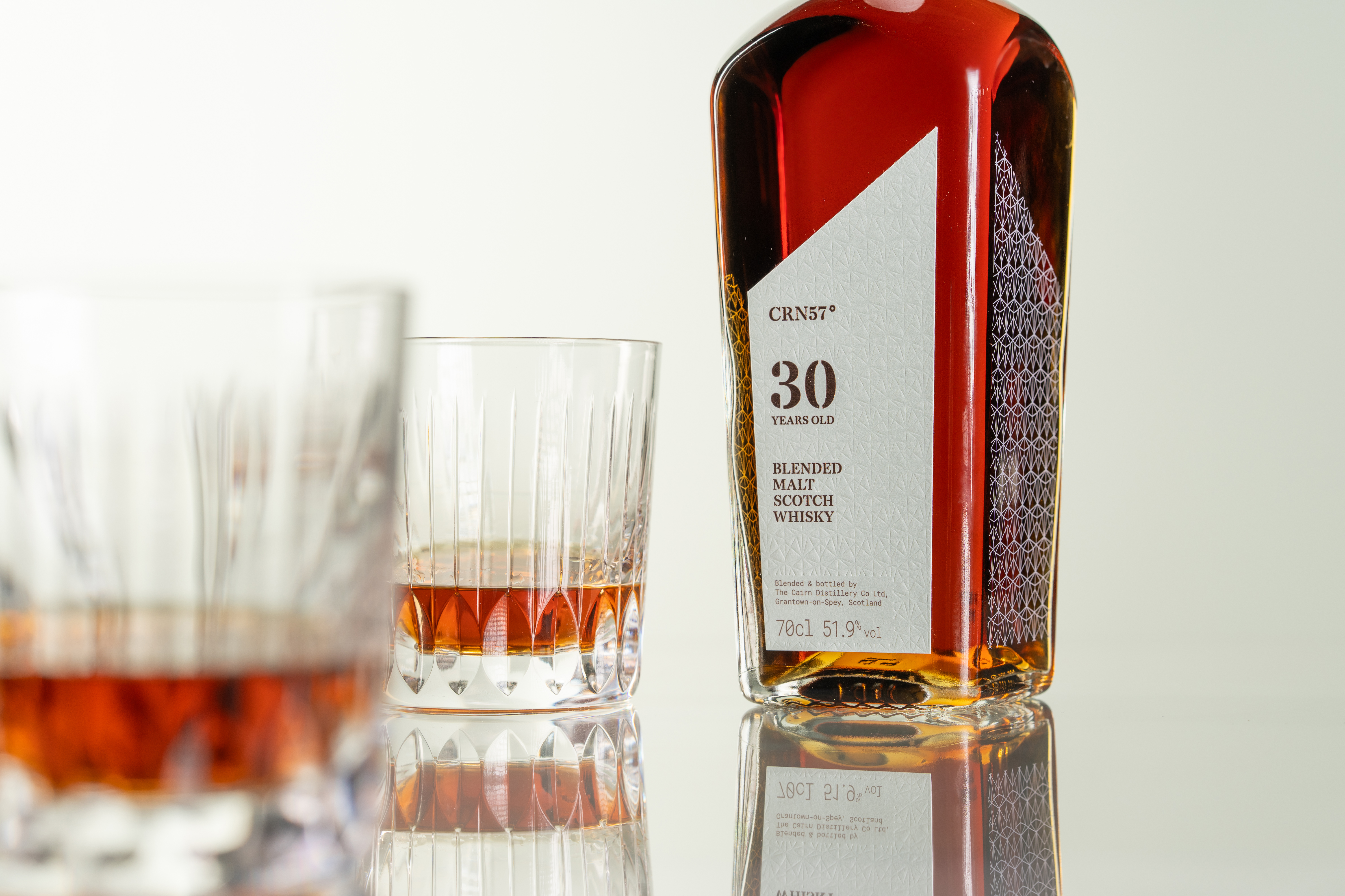 CRN57 30 year old blended malt Scotch whisky with two glasses